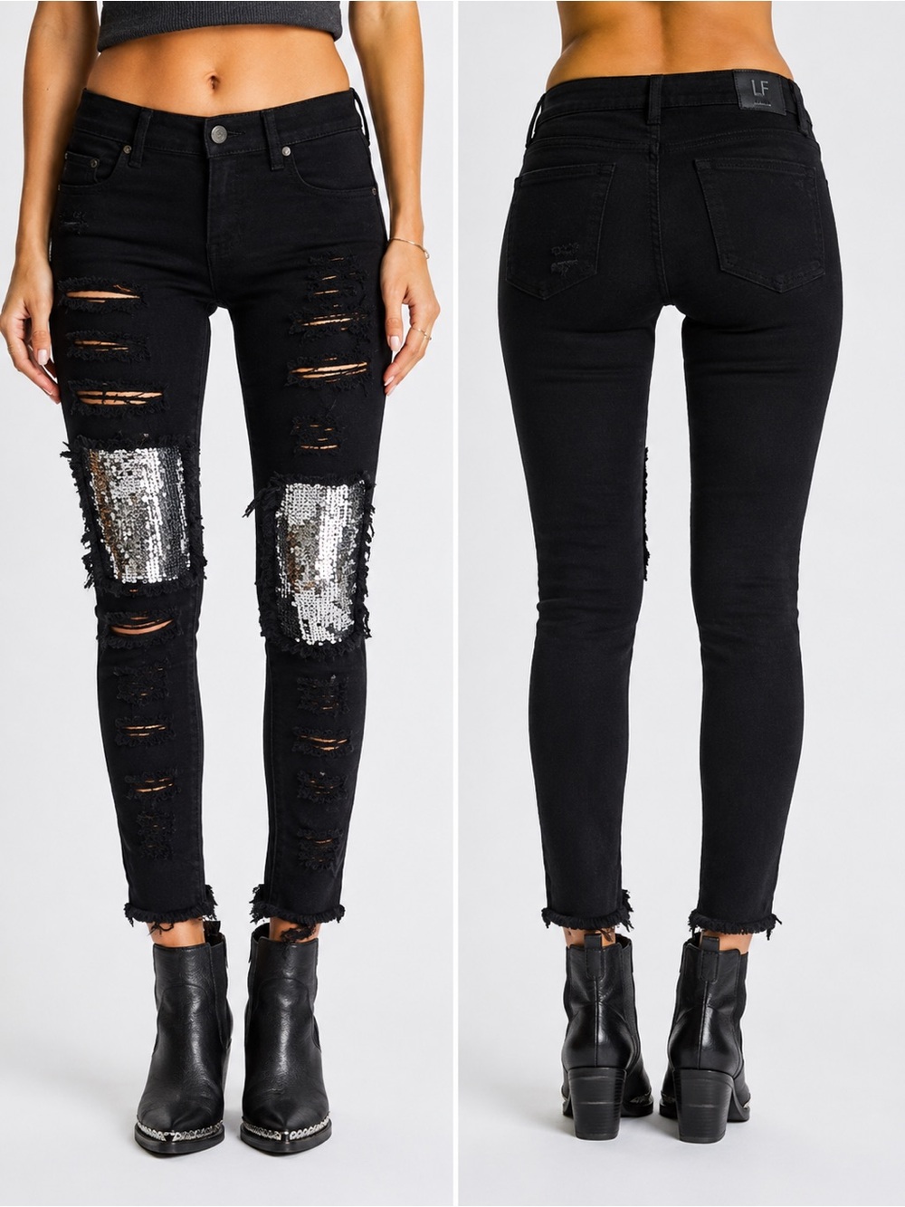 Carmar by LF Black Distressed Sequin Patch Skinny Jeans 26 NWOT